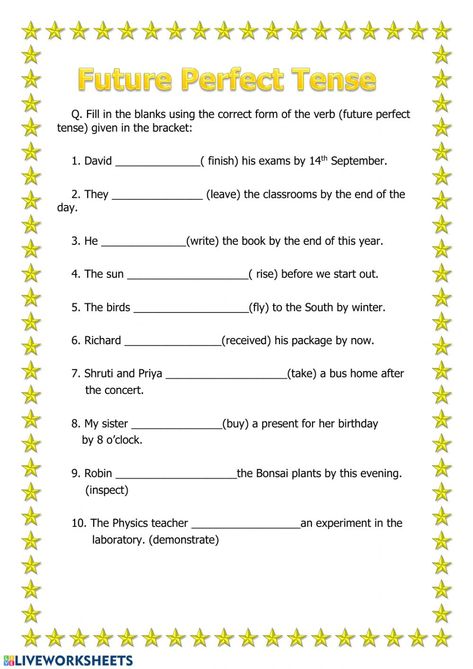 Future perfect interactive and downloadable worksheet. You can do the exercises online or download the worksheet as pdf. Future Perfect Tense, Perfect Verb Tense, Third Grade Grammar Worksheets, Worksheets For Grade 5, Future Tense Verbs, Tense Worksheet, Past Tense Worksheet, Tenses Exercises, Worksheets For Grade 3