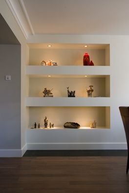 Wall recessed shelving - from Pinterest Wall Niche Ideas, Alcove Shelves, Alcove Shelving, Recessed Shelves, Wall Niche, Recessed Wall, White Shelves, Living Room Shelves, Front Room