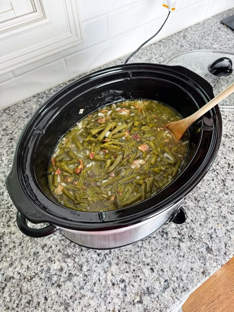 Ridiculously Easy Slow Cooker Canned Green Beans - Fueling a Southern Soul Slow Cooker Southern Green Beans, Canned Green Beans Crockpot, Crockpot Green Beans And Sausage, Canned Green Beans Crockpot Recipes, Green Beans Potatoes And Ham Crock Pots, Can Green Beans In Crockpot, Crockpot Butter Beans Slow Cooker, Crock Pot Canned Green Beans, Canned Green Bean Recipes Crock Pots