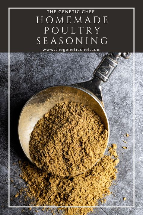 A simple homemade poultry seasoning with the perfect blend of spices that will make your turkey, chicken, and stuffings pop with flavor. This recipe can easily be multiplied to store for future use. #poultryseasoning #spices #spicemixrecipes #homemadespices | @thegeneticchef How To Make Poultry Seasoning, Poultry Seasoning Recipe Simple, Homemade Poultry Seasoning, Poultry Seasoning Recipe, List Of Spices, Spice Mix Recipes, Thanksgiving 2024, Seasoning Recipe, Turkey Chicken