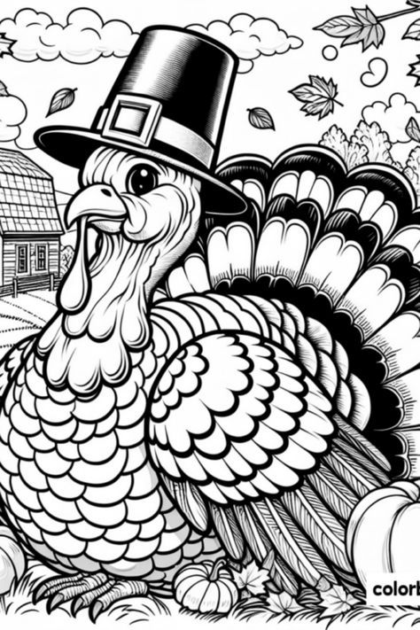 Get into the festive spirit with this adorable and free printable Thanksgiving Turkey coloring page! Perfect for kids, this delightful turkey is sporting a fun hat surrounded by pumpkins and autumn leaves. Great for a holiday crafting activity, this coloring page encourages creativity and fun at home or in classrooms. Children will love bringing this turkey to life with their favorite colors, making it a perfect addition to Thanksgiving celebrations. Download your free coloring page now! Thanksgiving Adult Coloring Pages Free, Free Printable Thanksgiving Color Pages, Farm Backdrop, Colorful Thanksgiving, Thanksgiving Drawings, Turkey Coloring, Thanksgiving Coloring Sheets, Free Thanksgiving Coloring Pages, Thanksgiving Templates