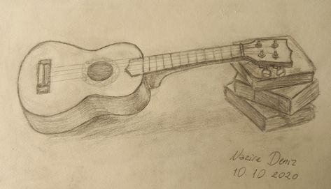 Drawing of an ukulele leaned against some books Ukulele Drawing Sketch, Ukulele Sketch, Ukulele Drawing, Summer Paintings, Fun Doodles, Ukulele Art, Journal Things, Random Doodles, Happy Birthday Cards Diy