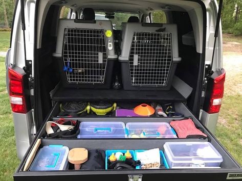 Dog Car Organization, Dog Kennel Car Set Up, Dog Supply Storage Ideas, Dog Collar Storage, Ruffland Kennel Setup, Dog Car Setup, Dog Gear Organization, Dog Stuff Organization, Dog Breeders Kennels