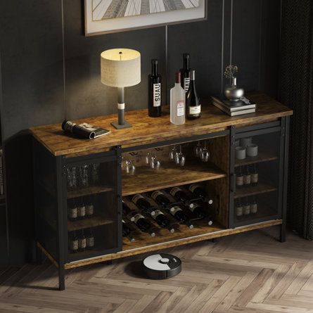 Gracie Oaks Mayara 55.1" Wide Sideboard | Wayfair Extra Long Sideboard, Liquor Bar Cabinet, Wine Rack Sideboard, Bar Buffet Cabinet, Bar Console, Small Lounge, Liquor Bar, Wine Bar Cabinet, Wine Rack Cabinet