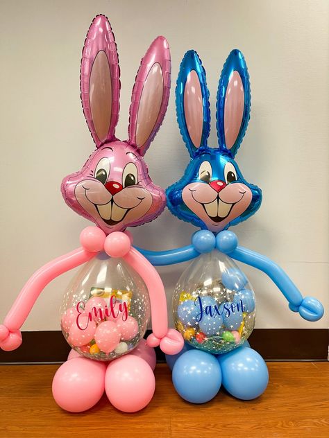 Easter Bunny Balloons, Easter Stuffed Balloons, Easter Balloons Ideas, Easter Balloon Bouquet, Balloon Easter Basket, Stuffed Balloon Ideas Gifts, Easter Balloon Ideas, Balloon Stuffing Ideas, Easter Balloon Decor