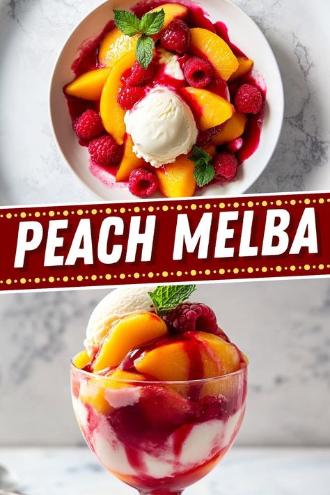 Peach Melba is a classic dessert that pairs juicy poached peaches with sweet raspberry sauce and a scoop of creamy vanilla ice cream. Peach Melba French Toast, Peach Recipes Dessert, Peach Melba Dessert, Peach Melba Recipe, Poached Peaches, Family Feast Recipes, Creamy Vanilla Ice Cream, Feast Recipes, Peach Dessert Recipes