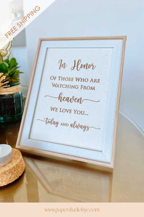 Looking for wedding ideas for lost loved ones? A thoughtful wedding memorial display is a special way to honor the deceased at your wedding. This custom sign can be personalized with a message of love and remembrance to say "wish you were here" to a mom, father, grandparent, family member, or friend. Use it at a memorial table or memorial seat at your wedding or other special event. Visit our website and schedule a free discovery call to discuss your own custom wedding memory sign. In Memory Of Wedding Ideas Mom, Wedding Honoring Deceased, Wedding Memorial Display, Wedding Rustic Chic, Cream Wedding Invitations, Portrait Wedding Invitations, Wedding Remembrance, Memorial Table, Wedding Memorial Sign