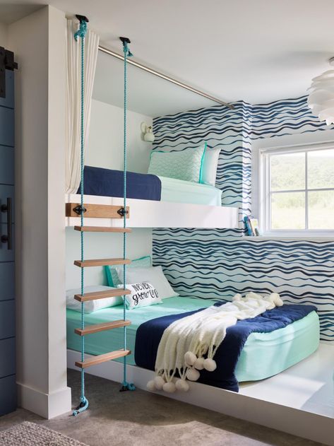 Wavy Wallpaper, Aqua Bedroom, Small Beach Cottage, Teen Boy Bedroom Decor, Cool Bedrooms For Boys, Beach House Tour, Condo Renovation, Beachy Bedroom, Beach House Bedroom