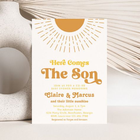 Here Comes The Son Co Ed Baby Shower Invitations #zazzle #weddinginvitations #birthdayinvitations #babyshowerinvitations #zazzleinvitations #monogram #businesscards #graduation #homedecor Sun Invitations, Sunshine Baby Shower Invitations, Here Comes The Son, Sunshine Baby Showers, Boho Baby Shower Invitations, Coed Baby Shower, Boho Sun, Here Comes The Sun, Baby Shower Invite