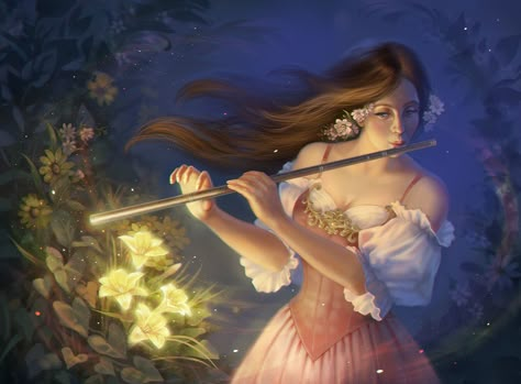 Flute Aesthetic, Fantasy Band, Digital Portrait Painting, The Magic Flute, Magic Flute, Digital Painting Portrait, Painting Courses, Flute Music, Music Motivation