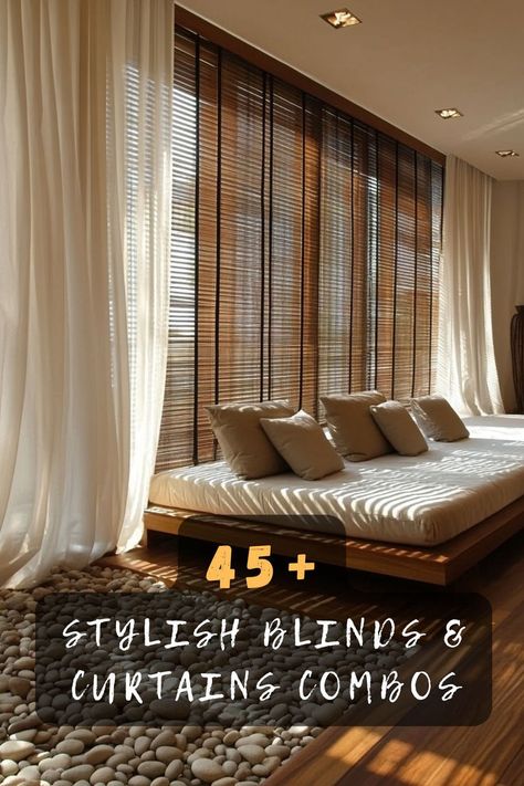 Embrace modern layering with 45 blinds and curtains ideas that offer a sleek and stylish look. Featuring contemporary designs, innovative textures, and chic combinations, these ideas elevate your decor. Click to explore these modern inspirations and let your windows shine with layered sophistication! 🌟🪟 #BlindsAndCurtains #ModernDesigns #LayeredLook #ChicCombinations #InteriorStyle #DecorInspo #SleekSophistication Curtains With Wooden Blinds, Blind And Curtain Ideas, Curtains With Wood Blinds, Wood Slat Blinds, Dark Bamboo Blinds, 70s Window Treatments, Mcm Curtains Window Treatments, Wide Window Blinds, Living Room Window Shades