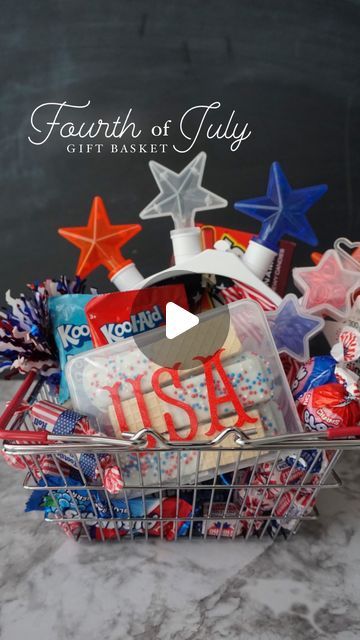 Fourth of July gift baskets! Fun for everyone. Grab a basket and fill it with your favorite things red white and blue. #dollartree#fourthofjuly Blue Baskets, Kool Aid, Blue Check, July 4th, Red White And Blue, Red White Blue, Dollar Stores, Fourth Of July, Gift Baskets