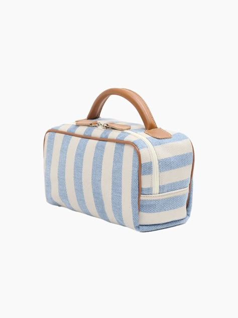 For winter escapes and summer breaks. This wash bag is exquisitely crafted from premium cotton in a colourful contrasting stripe. Featuring smooth leather finishes and a zip closure, it is a chic gift for the avid jetsetter. Cute Travel Accessories, Destination Wedding Gifts, Personalized Toiletry Bag, Libra Gifts, Jeweled Bag, Wedding Gift Guide, Personalized Tie, Best Housewarming Gifts, Chic Gifts