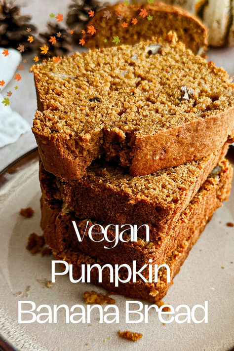 stack of vegan pumpkin banana bread Vegan Protein Pumpkin Bread, Vegan Banana Pumpkin Bread, Vegan Quick Bread Recipes, Pumpkin Banana Bread Healthy, Banana Pumpkin Bread Recipe, Vegan Pumpkin Banana Bread, Pumpkin Banana Bread Recipe, Butternut Squash Bread, Banana Oat Bread