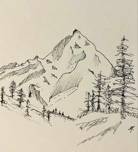 #micronpen #mountians #trees #blackandwhite Mountain Pen Drawing, Scenic Drawings, Forest Drawing Easy, Mountain Landscape Drawing, Pencil Sketches Landscape, Plaque Ideas, Forest Sketch, Salt Art, Mountain Sketch