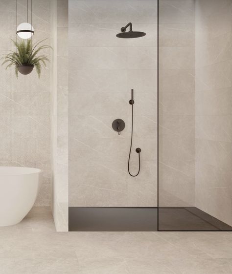 Bathroom Tiles Stone Effect, Bauwerk Bathroom, Large Stone Bathroom Tiles, Stone Tile Shower Wall, White Vertical Tile Bathroom, Cream Stone Bathroom, Sandy Tiles Bathroom, Stone Coloured Bathroom, Stone Colour Bathroom