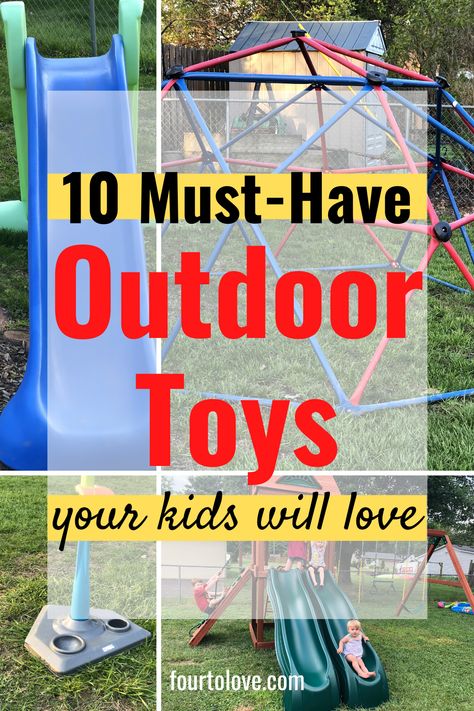 Can't go to the playground? Bring the playground to your house with these wonderful outdoor toys for kids! Click to see a list of outdoor toys for kids that should be in every backyard, including an amazing climbing dome! If you want to entertain your kids for hours in your backyard, click for this list of ten must-have outdoor toys for kids Toddler Outside Toys, Outdoor Play Area For Kids, Backyard Toys For Kids, Outside Toys For Toddlers, Outside Toys For Kids, Toddler Outdoor Play, Diy Outdoor Toys, Backyard Playground Landscaping, Climbing Dome