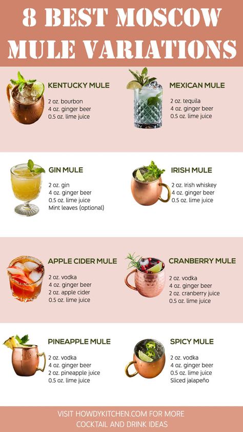 Image displaying colorful Moscow Mule recipes & variations, from Pineapple Mule to Apple Cider Mule. Mules Drinks Cocktail Recipes, How To Make A Mule Drink, Virgin Mule Recipe, Watermelon Moscow Mule, Moscow Mule Flavors, Flavored Moscow Mule, Mule Drink Recipes, Pineapple Moscow Mule, Mule Variations