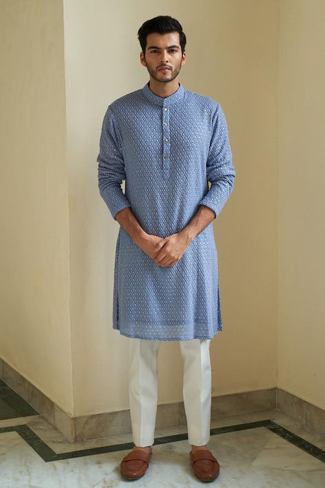 Buy Contrast By Parth Blue Chikankari Embroidered Kurta Set Online | Aza Fashions Sky Blue Kurta Men, Sky Blue Chikankari Kurta, Blue Chikankari Kurta, Chikankari Kurta Set, Stylish Kurta, Chikankari Kurta, Kurta Set For Men, Blue Kurta, Kurta Men