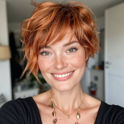 Long Pixie With Bangs Fine Hair, Copper Pixie Haircut, Shag Hair Short, Auburn Hair Short, Messy Short Hairstyle Women, Auburn Pixie Haircut, Short Messy Haircuts For Women, Shaggy Pixie Cuts Round Face, Strawberry Blonde Pixie