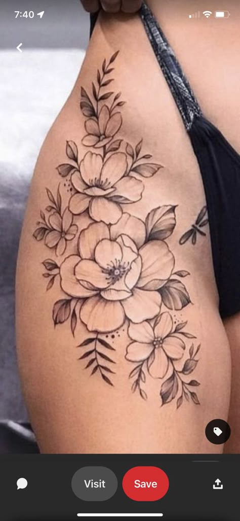 Peonies Flowers Tattoo, Side Hip Flower Tattoo, Smaller Thigh Tattoos, Hip Tattoo Medium, Ladies Thigh Tattoo, Ladies Thigh Tattoo Ideas, Hip To Thigh Tattoo, Side Hip Tattoos Women Flowers, Flower Hip Tattoo Thigh Piece