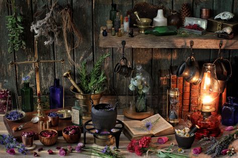 https://flic.kr/p/J2ev4C | Herbalist's Workshop | You can play 'spot the object' in this shot — there are a lot of them! Excluding a couple of days of planning and drying flowers, this shot took 3 hours to compose and shoot and another hour to post-process (mainly removing hot pixels!). Three separate exposures have been blended (all in Pixelmator in the iPad) —  one for the left side, one for the oil lamp and one to highlight the burner flame). Further tweaking in Snapseed using multiple st... Cottage Witch, Witch Cottage, Witch House, Witch Aesthetic, Kitchen Witch, Green Witch, Sacred Art, Samhain, Sacred Space