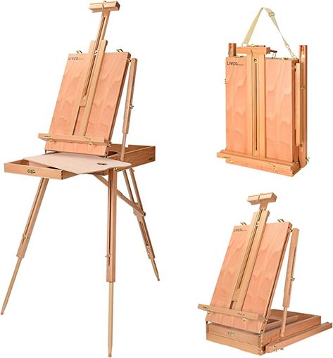 LIVINGbasics wooden french easel can be used as not only fullly adjustable field easel but also as storage unit. This easel is made of real beech wood and finished with brass plated steel hardware. Includes a portable french easel with an adjustable shoulder strap that contains a sliding drawer with 4 compartments, a removable wooden palette. The 12 inch drawer can hold essential art supplies such as acrylic tubes, brushes, pencils and erasers--all within reach. Wooden Easel Stand, Colored Pencil Holder, Kids Art Easel, Artist Desk, Sketch Box, Holland House, Table Easel, Easel Painting, Artist Easel