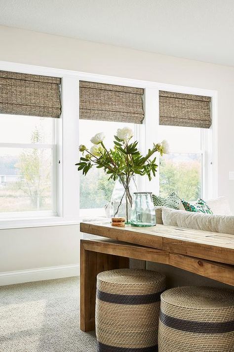 Roman Shades Living Room, Bamboo Roman Shades, Wood Sofa Table, Best Leather Sofa, Woven Wood Shades, Transitional Living Rooms, Wood Sofa, Furniture Layout, Roman Shades