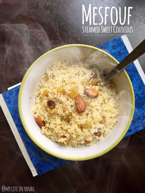 Mesfouf | Steamed Sweet Couscous Sweet Couscous, Tunisian Food, Couscous Recipes, Halal Recipes, Eastern Cuisine, Chicken Stew, Middle Eastern Recipes, Arabic Food, Perfect Breakfast