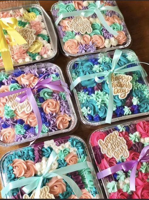 Mini Cakes In Aluminum Pans, Mother’s Day Bakery Treats, Mother’s Day Bake Sale Ideas, Mother’s Day Mini Tin Cakes, Mother Day Sweets Ideas, Mini Sheet Cakes, Mothers Day Food Gifts, Mini Cookie Cake Designs, Mini Loaf Cake Decorating Ideas