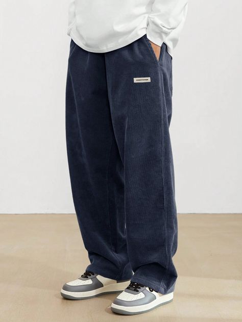 Men's Loose Casual Drawstring Letter Patched Corduroy Pants, Fashion Street Style Navy Blue    Woven Fabric  Straight Leg Non-Stretch  Men Clothing, size features are:Bust: ,Length: ,Sleeve Length: Japanese Pants Men, Men’s Pants, Navy Blue Clothes, Wide Leg Sweatpants Outfit, Navy Corduroy Pants, Baggy Pants Men, Blue Pants Men, Fire Clothes, Streetwear Fashion Men