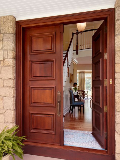 Wooden Double Front Doors, Double Front Entry Doors, Double Door Entryway, Wooden Double Doors, Traditional Front Doors, Double Doors Exterior, Main Entrance Door Design, Main Entrance Door, Wooden Main Door