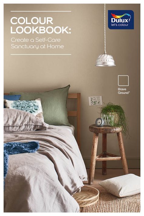 Dulux Colour of the year 2021, Brave Ground has the ability to create a relaxed and balanced bedroom sanctuary. It’s a warm, earthy tone that connects us back to nature and the simple things. Stone Coloured Bedroom, Small Bedroom Colour Schemes, Warm Color Bedroom Ideas, Dulux Warm Neutrals, Dulux Paint Colours Neutral, Colours For Bedroom, Warm Neutral Bedroom Ideas, Girls Bedroom Paint Colors, Brave Ground