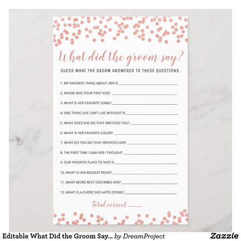 Editable What Did the Groom Say Bridal Shower Game Confetti Design, Bridal Shower Activities, Rose Gold Confetti, Game Template, Wedding Shower Games, Bachelorette Games, Bachelorette Party Games, Bridal Shower Game, Gold Confetti