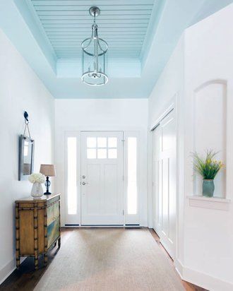 If Your Entryway Could Talk | Wayfair Blue Ceiling White Walls, Turquoise Ceiling, Entry Benches, Paint Ceiling, Painting Ceiling, Painted Ceilings, Blue Ceiling, Coastal Entryway, Ceiling Paint