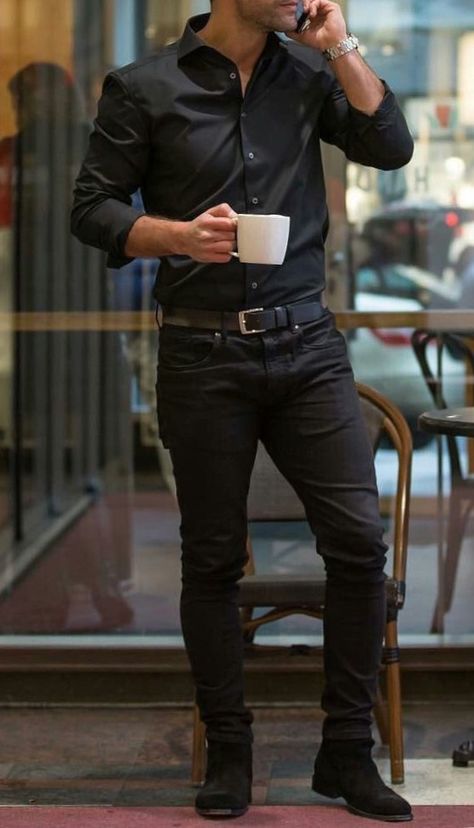 Button Up Shirt Outfit Mens Formal, All Black Elegant Outfit Men, Men’s Black Button Down Shirt Outfit, Mens Black Button Up Outfit, All Black Western Outfit Men, Mens Black Button Down Shirt Outfit, Modern Detective Outfit Men, Architect Outfit Man, Bar Outfit Night Men