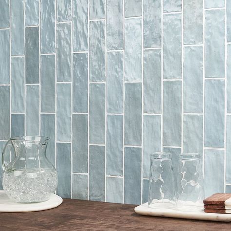 Portmore Sky 3x8 Glazed Ceramic Tile | Tilebar.com Blue Shower Tile, Backsplash Wall, Bullnose Tile, Tiles For Wall, Glazed Ceramic Tile, Ceramic Subway Tile, Ivy Hill Tile, Blue Tile, Bathroom Wall Tile