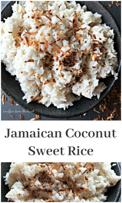 Carribean Coconut Rice, Jamaican Recipes Desserts, Sweet Rice Recipe, Jasmine Rice Recipes, Coconut Rice Recipe, Jamaican Dishes, Sweet Rice, Rice Side Dishes, Vanilla Coconut