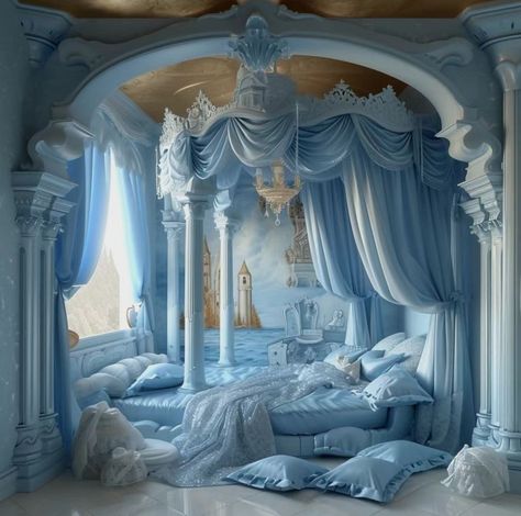 Royal Blue And White Bedroom, Royal Blue Room Aesthetic, Blue Mansion, Blue And White Bedroom, Comfortable Bedroom Decor, Royal Room, Royal Bedroom, Whimsical Bedroom, Dream Bedroom Inspiration