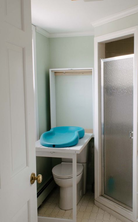 A Fold-Away Changing Table for the Bathroom — This Giant Life Changing Table In Bathroom Ideas, Wall Changing Tables, Bathroom Changing Table, Changing Table Wall Storage, Wall Mounted Changing Table Diy, Fold Down Changing Table, Small Space Changing Table, Changing Table Bathroom, Changing Table In Bathroom