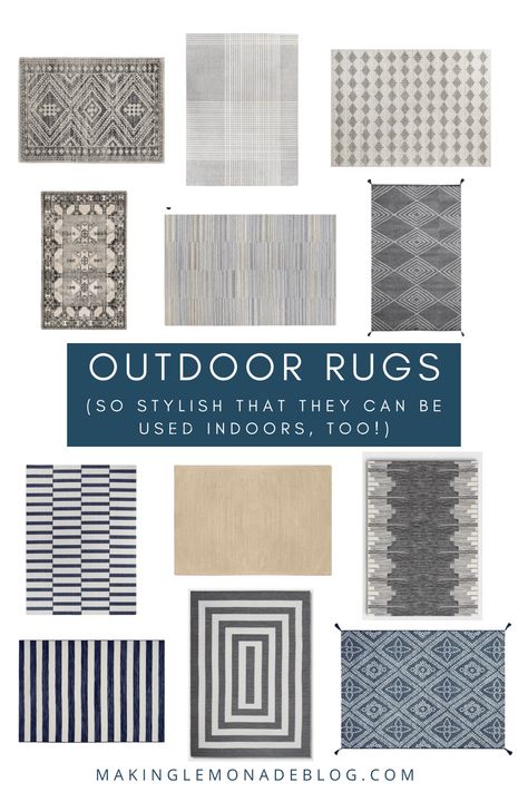 Outdoors rugs not only add style to outdoor spaces but function beautifully indoors as well, and are perfect for high-traffic areas such as mudrooms and under the kitchen table. Check out these outdoor rugs that are so gorgeous they can be used indoors, too. Neutral Outdoor Rug, Indoor Outdoor Rugs Living Room, Rugs Under Dining Table, Kitchen Table Rug, Rug Under Kitchen Table, Making Lemonade, Outdoor Patio Designs, Outdoor Patios, Outdoor Rugs Patio