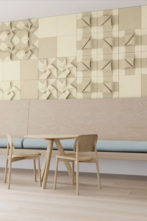 From the whimsical mind of Swedish designer Mia Cullin, our newest acoustic wall tiles bring playful patterning and sound softening into the fold. Tuck + Turn highlight the structural properties of wool felt by folding wide strips this way and that and rotate to create a myriad of patterns in single or multi-color schemes. Plus, a flat accent tile has been thrown into the mix to allow endless options that go up in no time flat. Felt Wall Tiles, Felt Right Tiles, Tiles Bedroom, Basic Geometry, Media Wall, Acoustic Wall, Accent Tile, Shape And Form, Simple Shapes