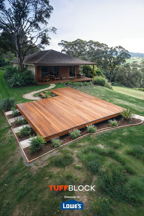 floating deck platform with curved walkway to house in back yard Platform Deck On Sloped Yard, Deck Posts Ideas, Wood Platform Deck, Deck On Sloped Yard, Floating Deck Ideas Ground Level, Deck On Slope, Platform Deck Ideas, Tuffblock Deck, Front Yard Deck