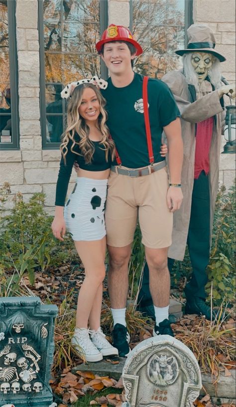 Firefighter Couple Halloween Costume, Firefighter And Dog Costume Couple, Dalmatian Firefighter Costume, Couple Halloween Costumes Firefighter, Dalmation And Firefighter Costume Couple, Firefighter And Fire Couple Costume, Fire And Firefighter Costume, Dalmation And Fire Fighter Costume, Fire Fighter Couple Costume