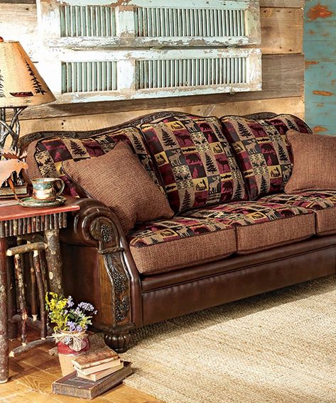 Appalachian Sofa: Upholstered in wildlife-print chenille in crisp red and soft neutrals, the classic Appalachian Sofa features kiln-dried hardwoods. Cheap Living Room Furniture, Rustic Living Room Furniture, Farmhouse Living Room Furniture, Cabin Furniture, Black Forest Decor, Western Furniture, Forest Decor, Rustic Bedding, Log Furniture