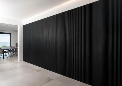 Black Slatted Accent Wall - Rubio Monocoat Black Slat Accent Wall, Black Wood Slat Wall, Slatted Accent Wall, Black Wood Accent Wall, Black Slatted Wall, Black Wall Paneling, Black Slat Wall, Black Wall Ideas, Dark Color Schemes