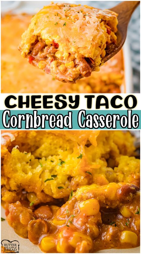 Taco cornbread casserole made with ground beef, taco seasoning, Rotel, corn & cheese, all underneath a layer of soft cornbread! Classic Jiffy Cornbread Taco Bake recipe perfect for busy weeknight dinners! Easy Cheesy Taco Cornbread Casserole, Frito Pie Cornbread Casserole, Recipes For Jiffy Cornbread, Ground Meat Cornbread Casserole, Bbq Beef Cornbread Casserole, Jiffy Cornbread Casserole With Ground Beef, Cornbread Beef Casserole Jiffy, Corn Bread Jiffy Recipes With Cream Corn And Ground Beef, Ground Beef Taco Sides