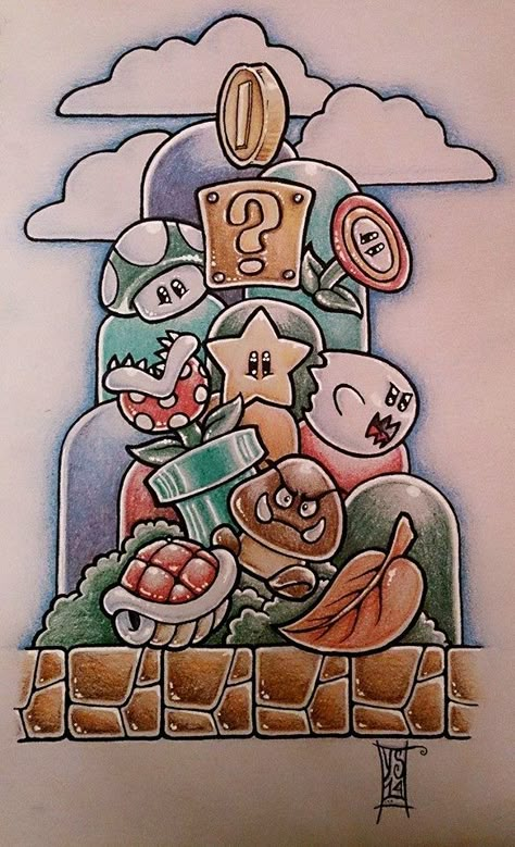 Super Mario Sketch, Mario Art Drawing, Mario Sketch, Super Mario Drawing, Mario Painting, Mario Drawing, Super Mario 3, Nintendo Tattoo, 3d Monster