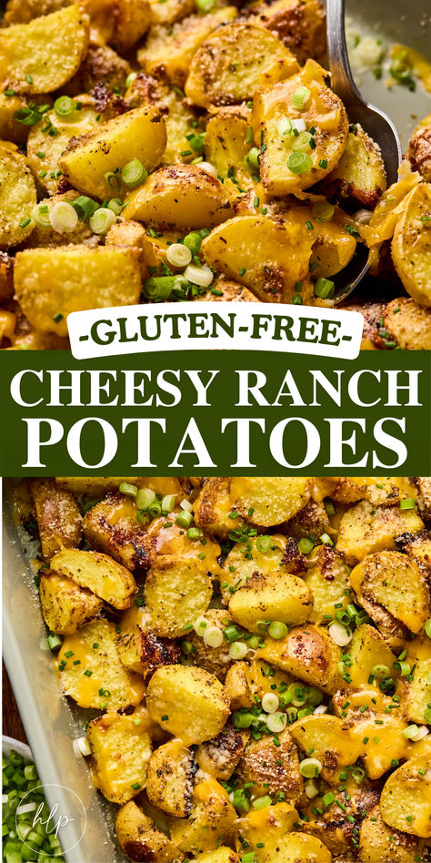 a tall pinterest pin for cheesy ranch potaotes and topped with green onions Gluten Free Side Dishes For Party, Potluck Potatoes, Gluten Free Potluck, Ranch Potato Recipes, Gluten Free Side Dish, Potato Side Dishes Easy, Cheesy Ranch Potatoes, Party Side Dishes, Maple Glazed Carrots