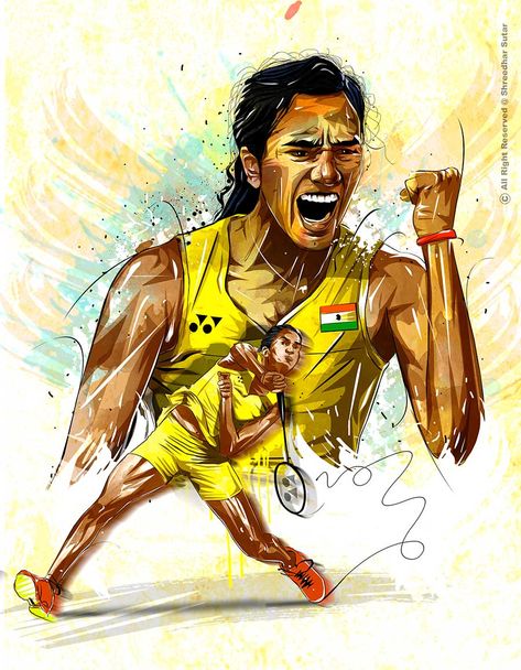 Sport makes the heart race and the world stop. Such action, speed and momentum when captured through design, create vitality that is hard to miss. Shreedhar Sutar, an Illustrator and Art Director, believes in understanding and tapping into the USP of the subject in order to do justice to expectations and final outcomes. P V Sindhu, Pv Sindhu, Sports Illustration, Fish Tank Themes, Sports Drawings, Badminton Sport, Hearty Congratulations, Sports Painting, India Painting